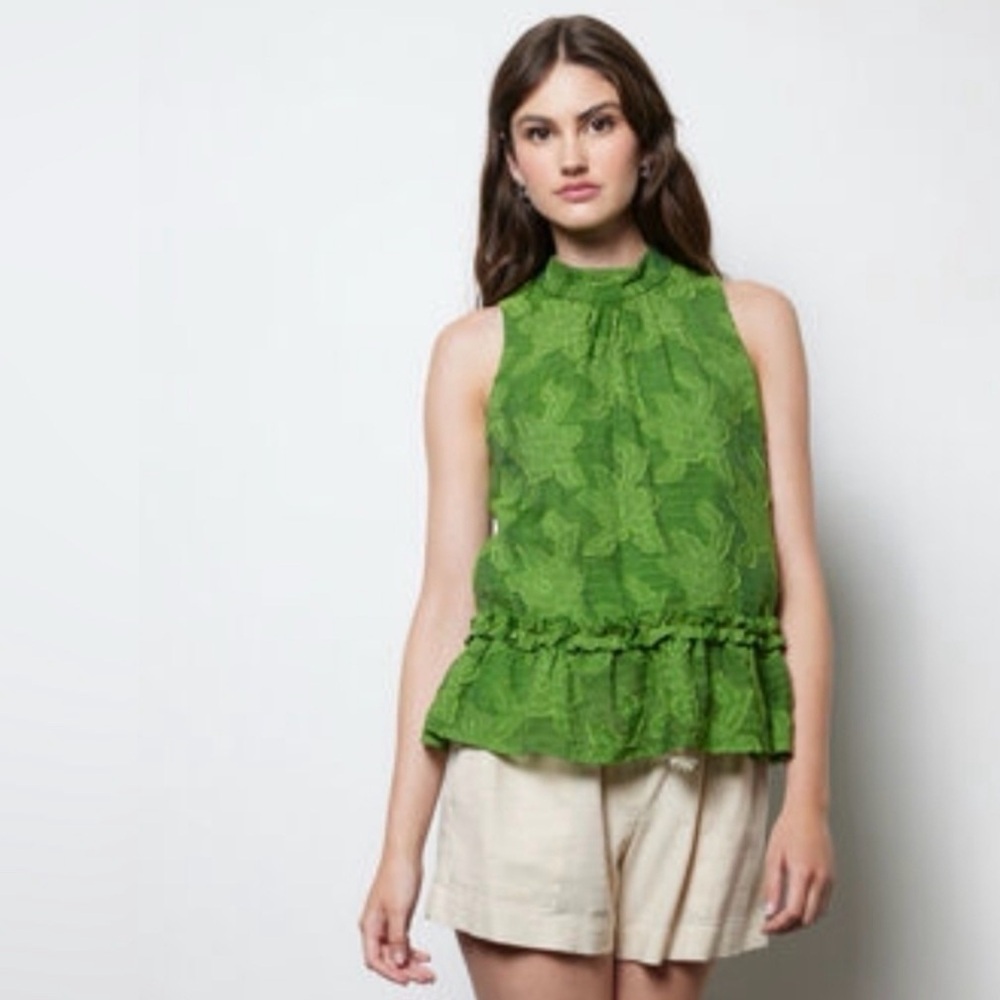 Maeve Anthropologie Savannah Embroidered‎ Green Floral Swing Ruffle Blouse Sz 2
